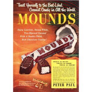 1950 Mounds and Almond Joy Coconut Chocolate Candy Bar Vintage Print Ad Wall Art